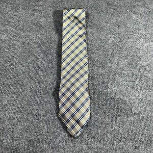 Neiman Marcus Mens Silk Necktie Gold Blue Black Diagonal Plaid Check Pattern Tie